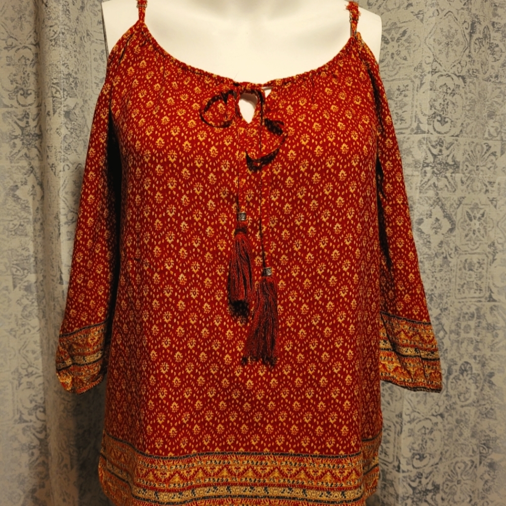 Rust & Yellow strap. Short sleeved top